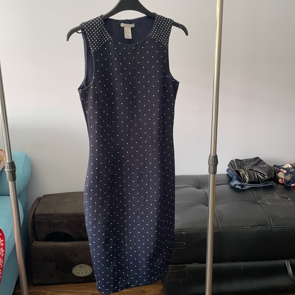 H&M Navy Polka Dot Textured Sleeveless Dress